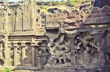 stone carving and Sculptures at Ellora caves ,UNESCO world heritage site near Aurangabad,...