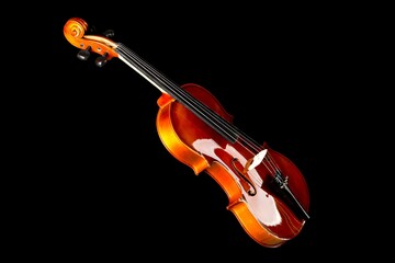 Brown wooden fiddle or violin, classic musical instrument, isolated over black background