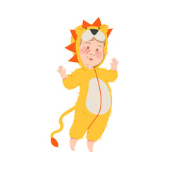 Cute Boy in Lion Costume, Happy Halloween Party Festival with Kid Trick or Treating Cartoon Vector Illustration