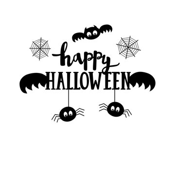 Happy Halloween lettering. The symbols of Halloween cast, spiderweb, spider and bat