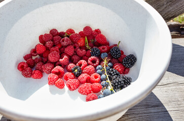 Fresh raw organic summer berries in round bowl on wooden background. Raspberries, blackberry, strawberry, grapes. Tasty and healthy berries in rays of sunlight in the garden. Top view