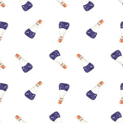 Watercolor seamless pattern with magical potions. Halloween illustration on white background