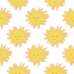 Cute kids seamless pattern with white sun faces ornament. White background.
