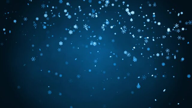 Motion graphic of Snow falling in winter on dark blue background