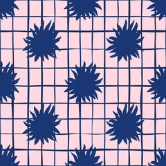 Navy blue contrast star scribble silhouettes seamless doodle pattern. Light pink chequered background. Cartoon print.