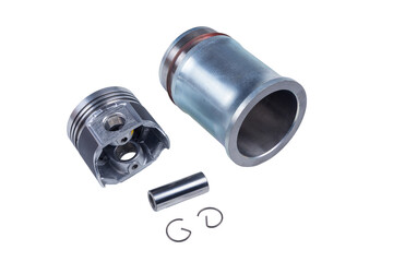 Engine spare parts: piston, pin and sleeve isolated on white background