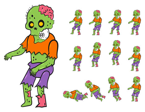 Zombie character sprites vector cartoon set isolated on a white background.