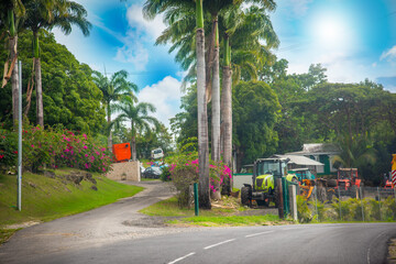 Crossroad in Guadeloupe countryside on a sunny day