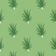 Seamless minimalistic pattern with pine twigs silhouettes ornament. Green pastel colored artwork. Simple floral print.