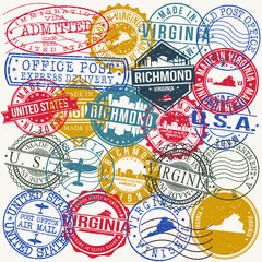 Richmond Virginia Set of Stamps. Travel Stamp. Made In Product. Design Seals Old Style Insignia.
