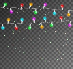 Garlands, Christmas decorations lights effects. Glowing lights for Xmas Holiday cards. Garlands decorations.
