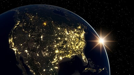 realistic united states of america from space, night usa from space, east coast of the usa from space 3d render	