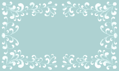 blue cute light festive background with frame and ornate patterns drawn with brush strokes. classic vintage frame