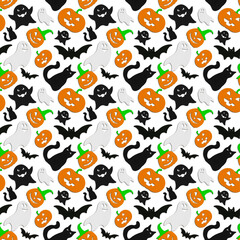 Halloween seamless pattern with ghosts, pumpkins, bats, cats. Template for design for Halloween. Perfect for decoration, wrapping paper, greeting cards, web page background