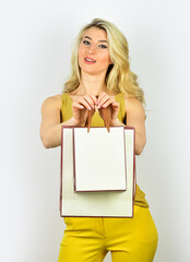 closeout and bargain sale in shop. cyber monday concept. sexy blond woman go shopping. best...