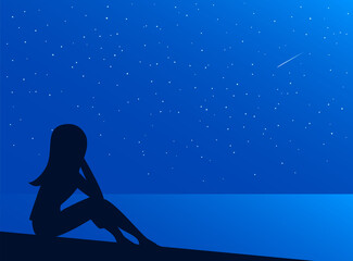 Fototapeta na wymiar The girl sits on the shore of the night sea. Seascape with stars. Falling meteorite. Vector illustration of nature for background.