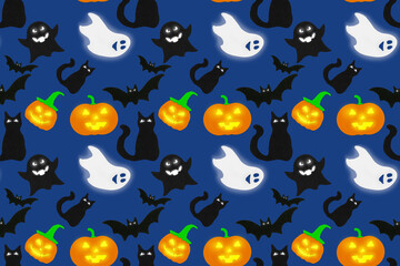 Halloween seamless pattern with ghosts, pumpkins, bats, cats. Template for design for Halloween. Perfect for decoration, wrapping paper, greeting cards, web page background
