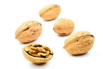 Walnuts on white background