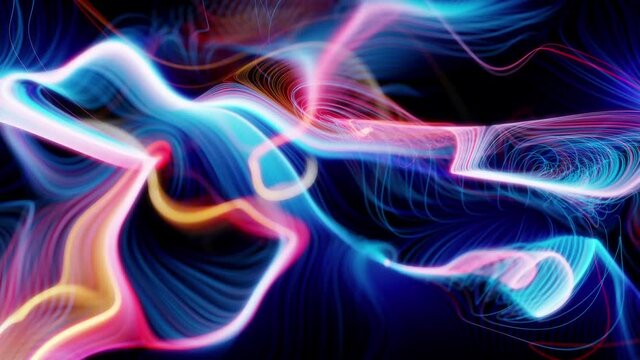 3d video animation abstract art of surreal background with curve wavy spiral and twisted magic miracle fantasy concentric tungsten filament electro plasma lines in rainbow color glowing light