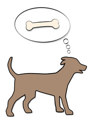 Dog thinking of bone in thought balloon, symbolic for hunger, reward, desire or instinct. Isolated comic vector illustration on white background.
