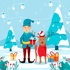 Merry christmas greeting card with dwarfs and dear