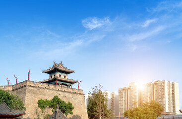 Fototapeta na wymiar The corner tower of the ancient city wall of the Ming Dynasty was built in 1374 in Xi'an, China.