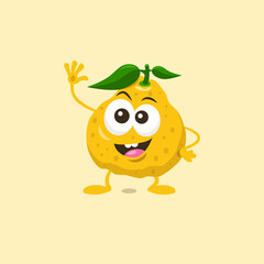 Illustration of cute happy ugli fruit mascot greeting someone with big smile isolated on light background. Flat design style for your mascot branding.