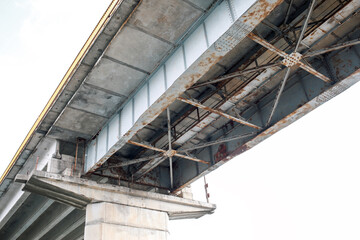 Fragment of metal train track bridge in the industrial area. bottom view.