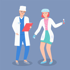 Doctor talking with laboratory assistant woman holding flask with liquid or blood in hand. Two professionals talking abour results of medical test. Therapist holding clipboard with information