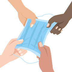 Hands of different race holding a face mask