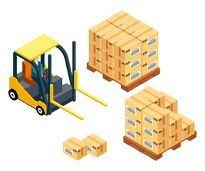Loading boxes. Forklift machine, vehicle for loading, raising heavy boxes, packages. Wooden palette with cargo, boxes, parcels with labels. Man sitting inside industrial truck. Storage service