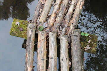 Wooden bridge over a stream in the forest.