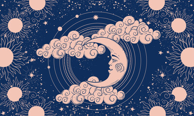 Mystical banner for astrology or boho design, crescent moon with face on blue background and clouds. Sacred geometry. Vector illustration for postcard, poster, cover © Salomi art
