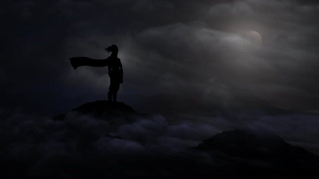 A silhouette superhero looks upon a dark landscape waiting for someone to save