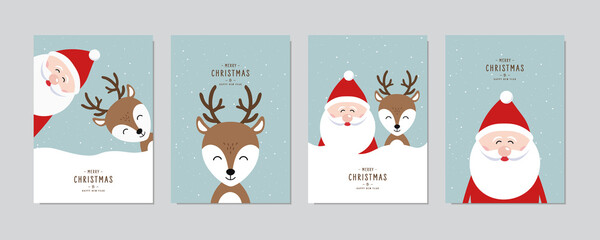 Christmas card set. Santa and Reindeer Merry Christmas greeting with lettering vector.