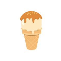 Cartoon ice cream and waffle cone with chocolate gelato ball strawberry mint and vanilla ice cream waffle and sundae topping vector illustration