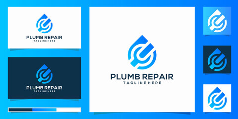 Plumbing service logo, pipes drain concept, repair works, water drop, pipe and wrench plumbing icon, vector illustration