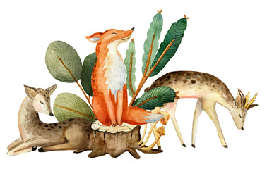 Watercolor illustration with little fox what on the tree stump around leaves ,branches and mushrooms on the white background.