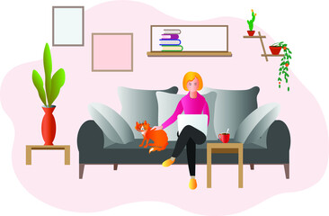 A young girl or woman is sitting on the couch with a laptop and stroking a ginger cat. The concept of remote work or learn due to COVID-19.