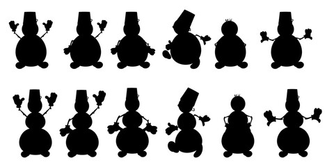 A set of silhouettes of funny snowmen in various poses. Christmas collection of isolated characters, black on white background. Vector illustration.