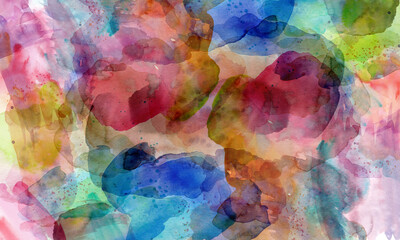 Abstract background of watercolor stains and splashes. Colored spots are superimposed on each other, creating a dark, chaotic texture. 