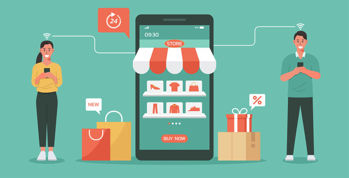 online shopping concept, couple people use a retail app on smartphone and purchase goods in a virtual store, vector flat illustration