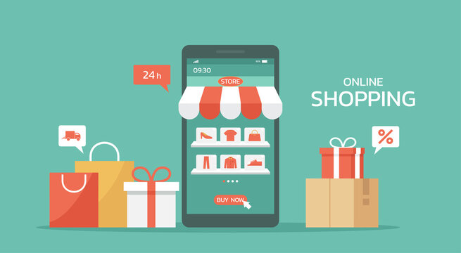 online shopping concept on the mobile app, digital store and e-commerce with icons on the shelf on the smartphone screen, web and banner, vector flat illustration