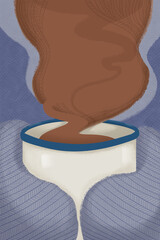 Winter illustration of a person holding a hot chocolate cup with steam. Close up of coffee mug and mittens, digitally hand-painted. For cards and winter designs