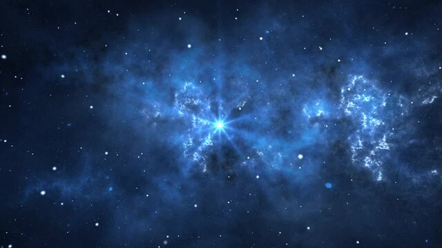 4K Loop Space background. Camera is flying through the Dark blue color nebula. The stars around. Science, astronomy, Nebula, Dust particles Clouds. For Titles, Intro, Logo Reveal, Effect, Scene.