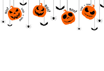 Halloween party  background with scary pumpkin face , bats, spiders, boo, trick or treat,  hanging from top on white backgroundspace for text, sale banner template ,website, poster,  vector