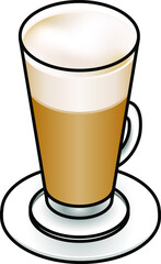 Cafe latte in a tall glass with a layer of milk foam.
