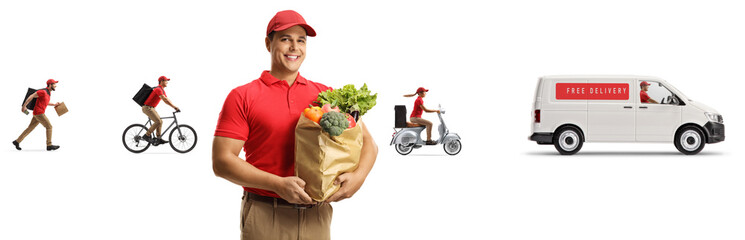 Male worker from a food delivery company with other workers and a van