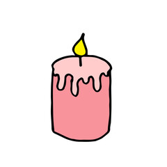 Cute pink candle for Christmas, doodle style positive illustration. Happy new year decoration, holiday print. Hand drawn vector illustration isolated on white. Cartoon colorful design for children