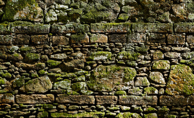 Ancient stone wall with moss background, Brazil 